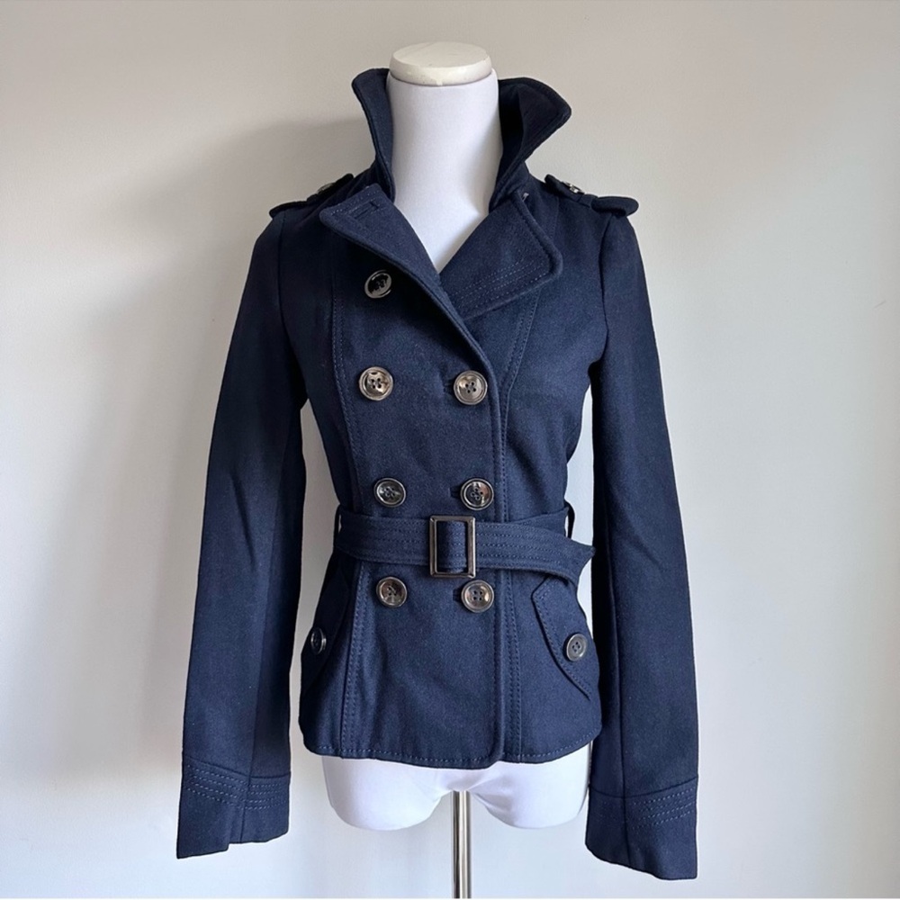H&M DIVIDED Navy Blue Wool Double Breasted Belted Fitted Pea Coat